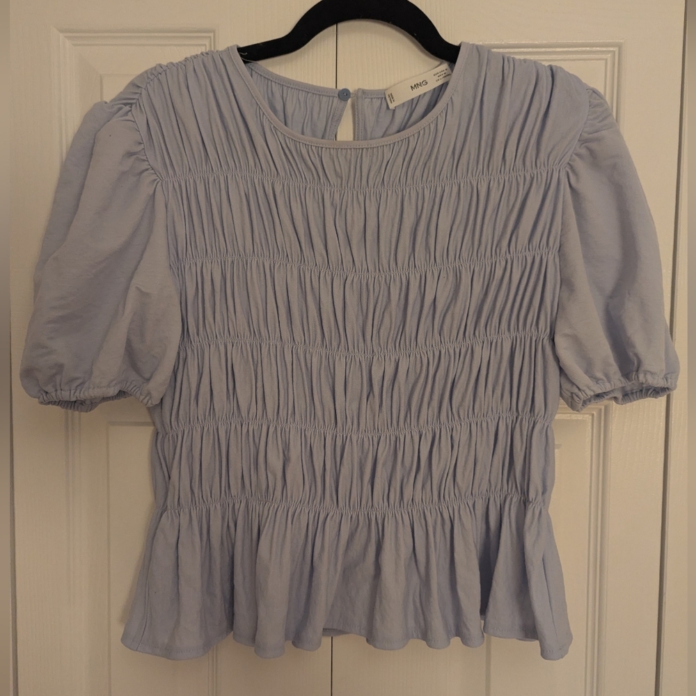 Mango Light Blue Smocked Blouse